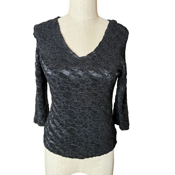 V Neck Black Lace Stretch Shirt - S Petite - Picture 1 of 8